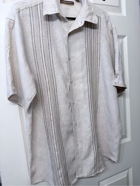 Cubavera Light Beige Short-Sleeve Linen-Blend Button Down Shirt